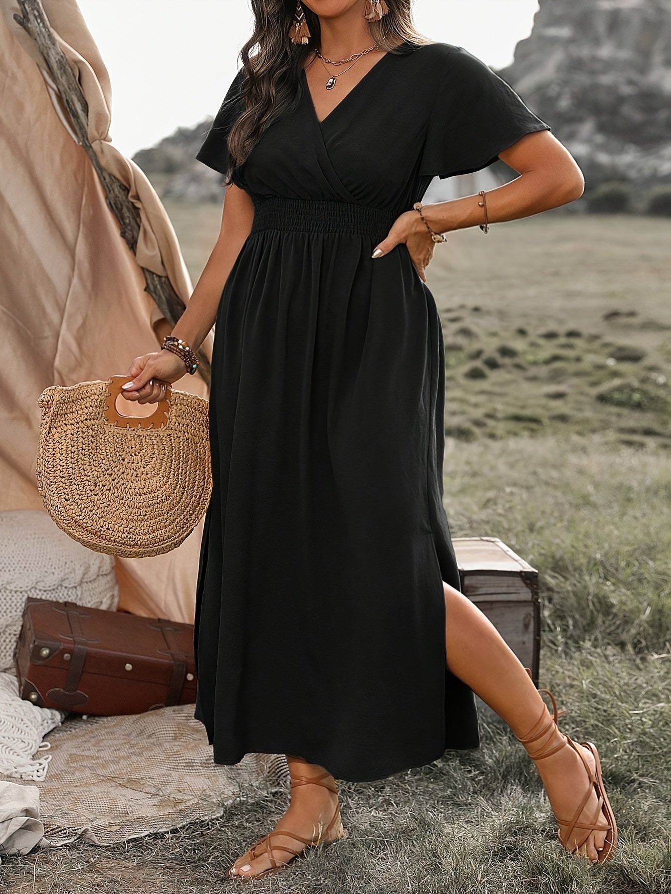 Margo - Short Flare Sleeve Side Split Maxi Dress