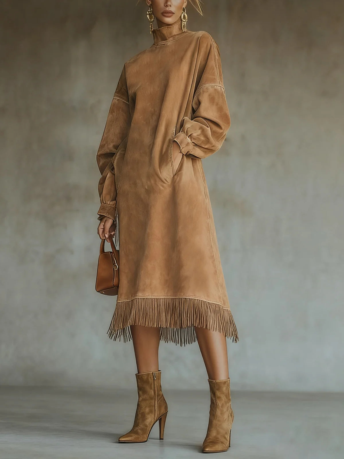 Suede Dress with Turtleneck and Fringes