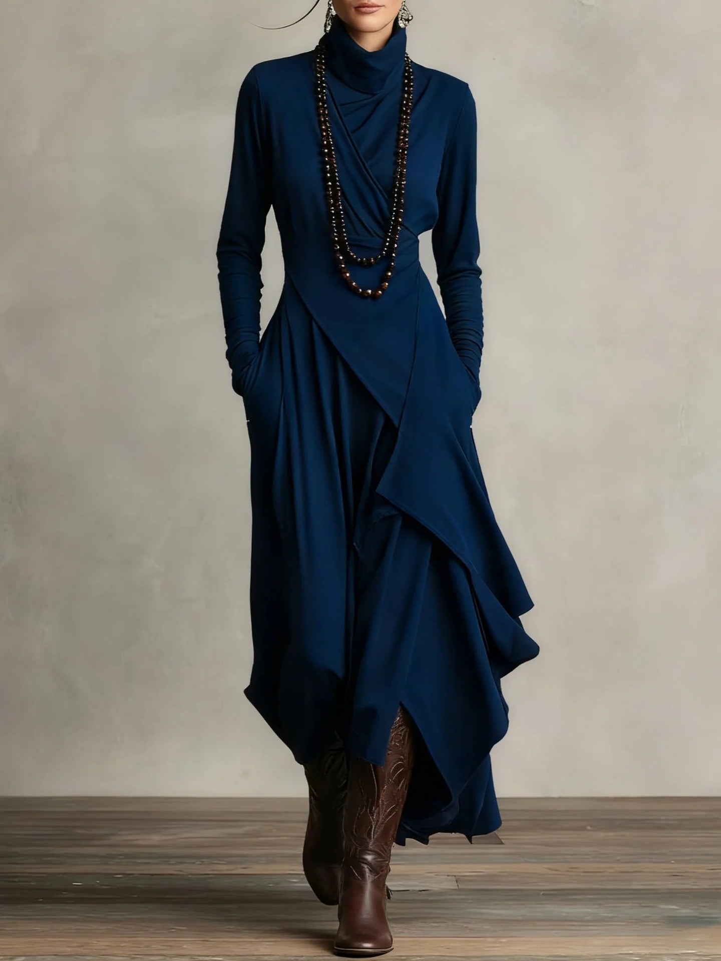 Natalia | Asymmetrical knitted maxi dress with a turtleneck