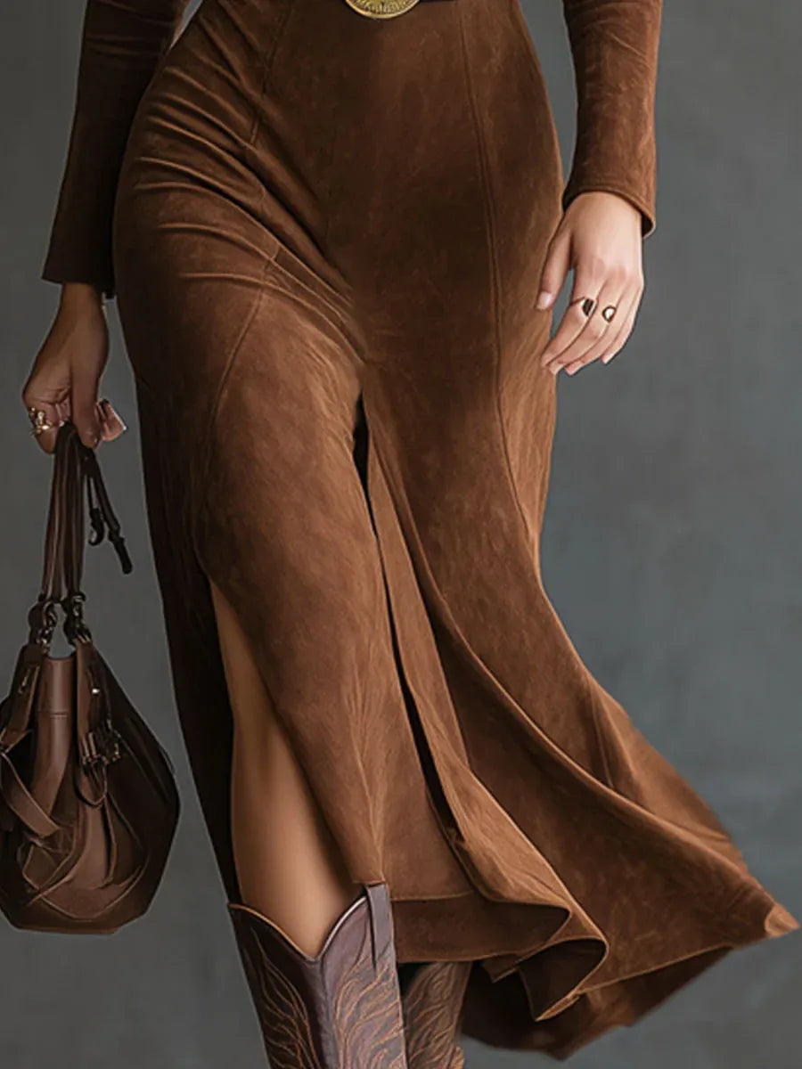 Retro Western Style Faux Suede Collar Midi with Slit