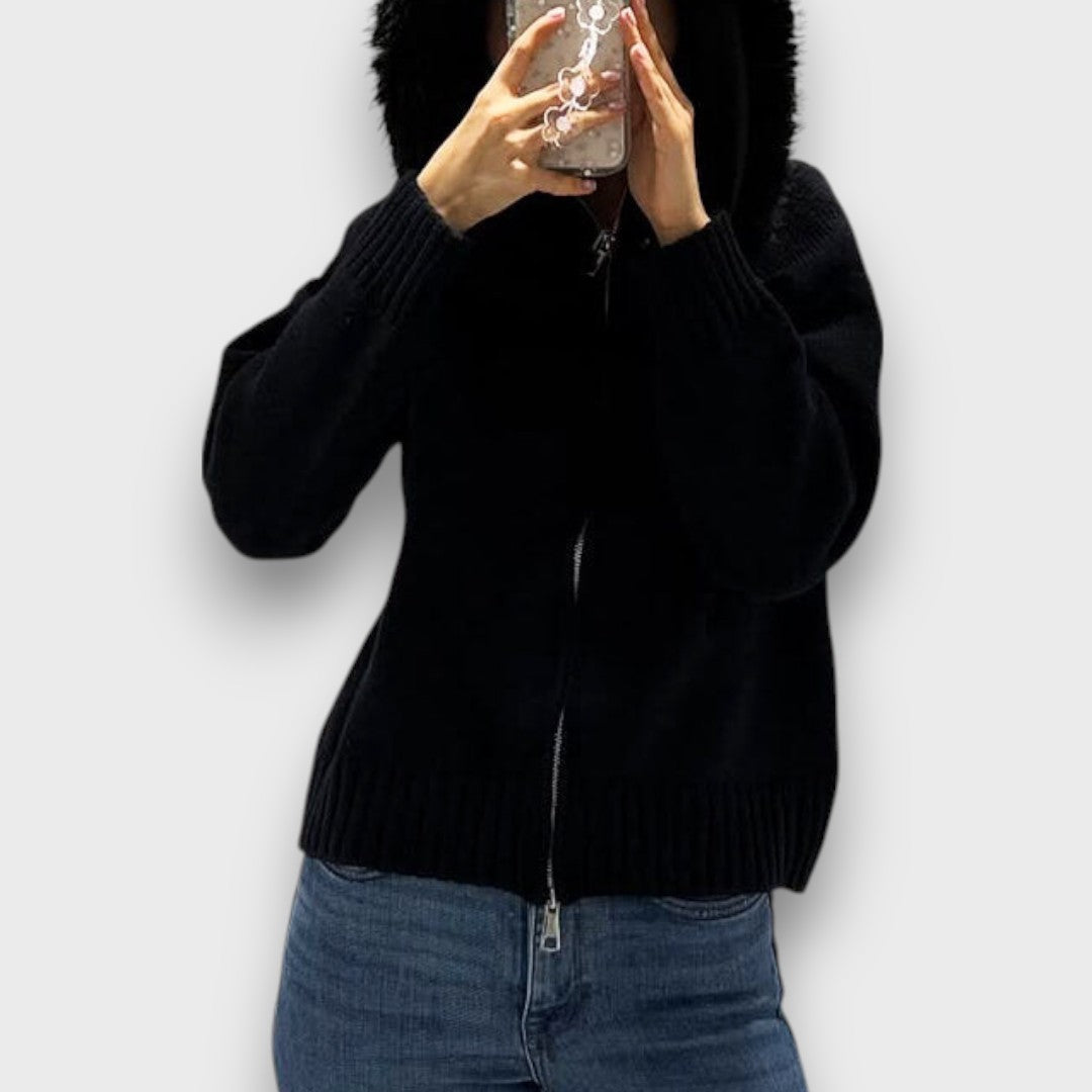 Alisanne – Knit JacketWith Zipper And Faux Fur Collar