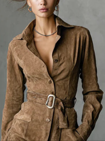 Suede Midi Dress with Long Sleeves and Collar