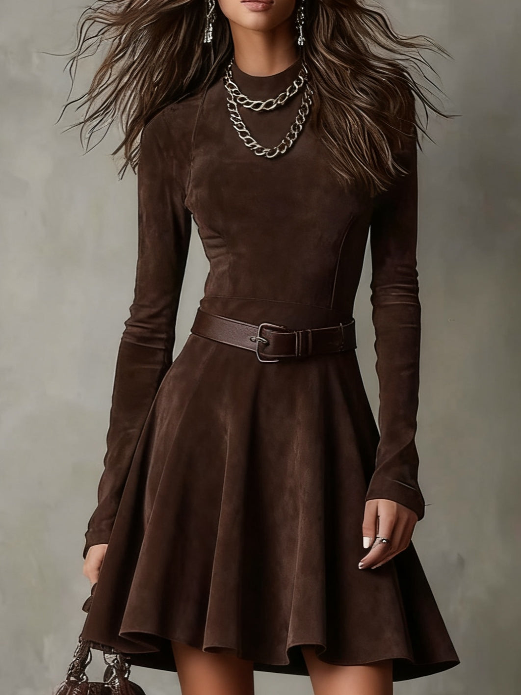 Vintage Dark Brown Suede Dress with Turtleneck
