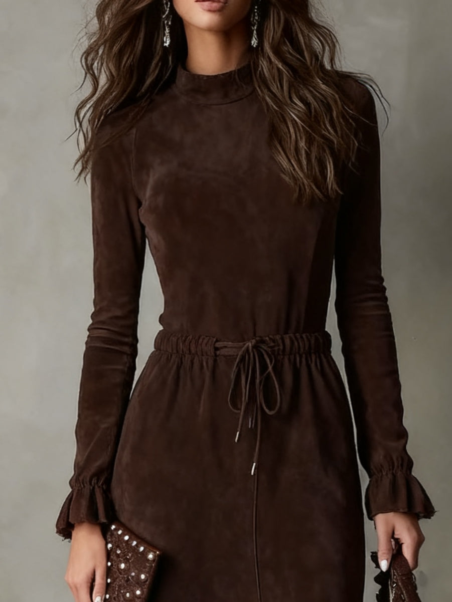 Elegant Midi Suede Dress in Dark Brown with Ties