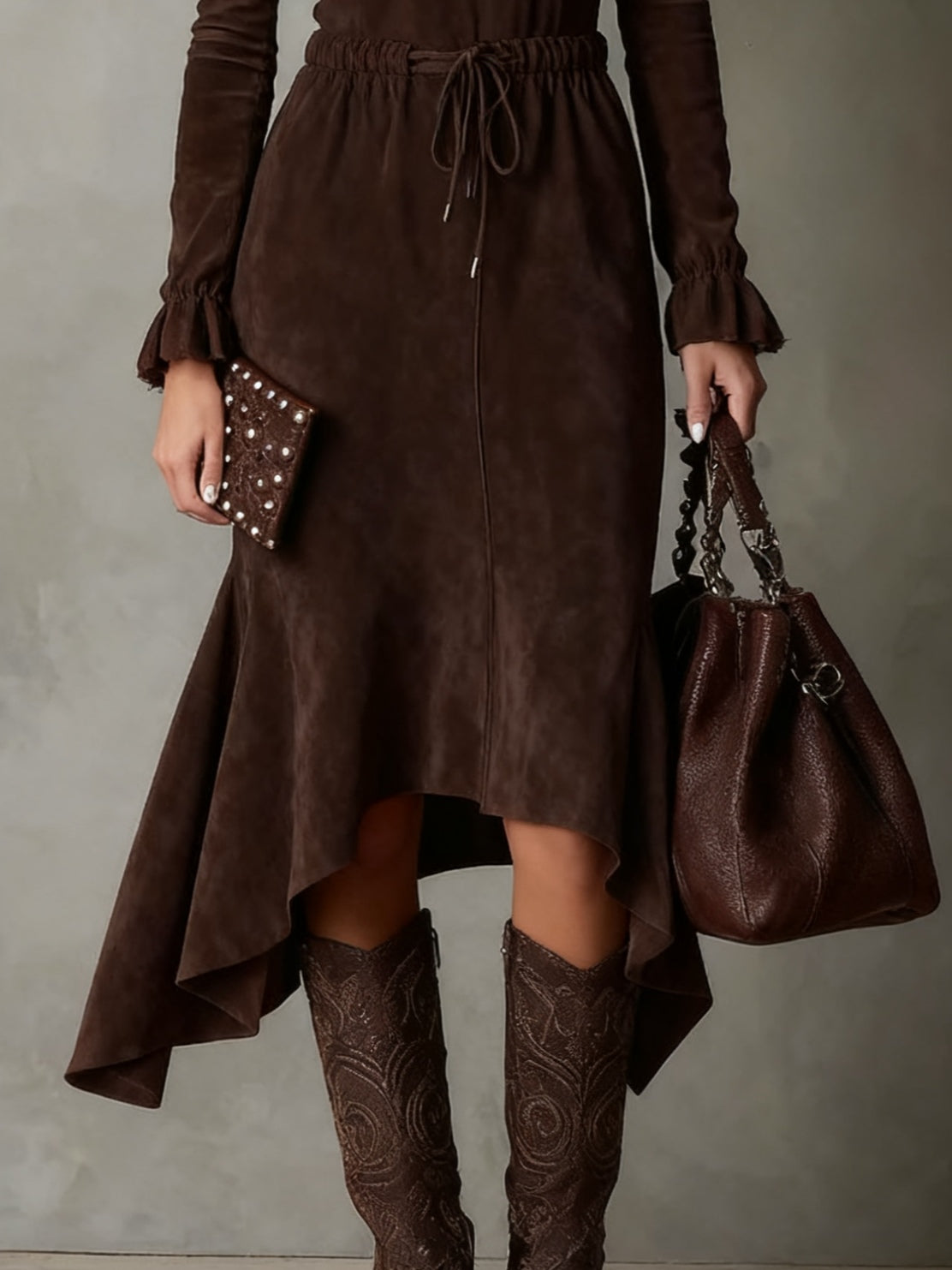 Elegant Midi Suede Dress in Dark Brown with Ties