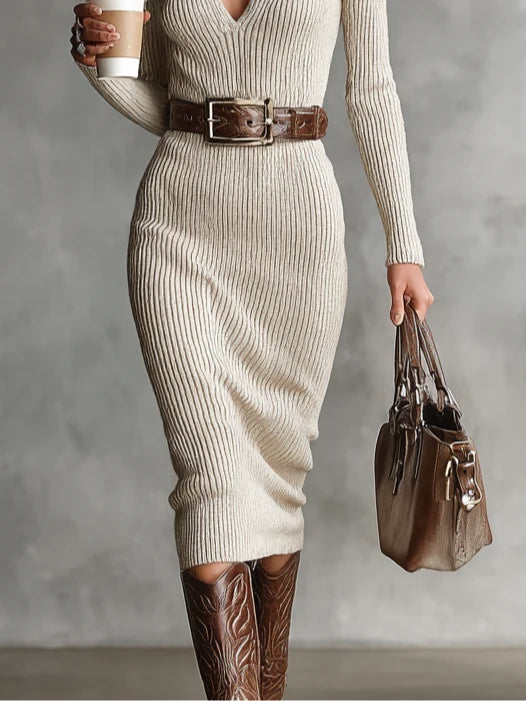 Gabriela | Midi knit dress with a belt and high collar