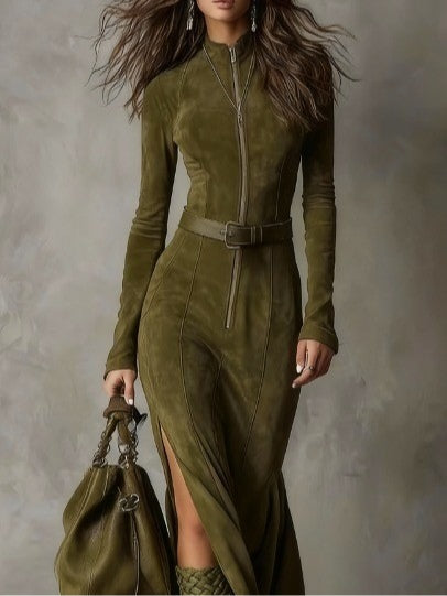 Vintage Green Maxi Dress with Zipper and Belt