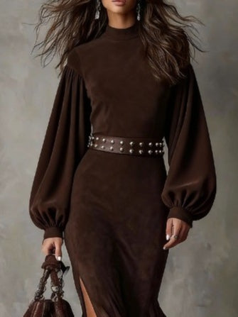 Retro lantern long dress with long sleeves and a high collar