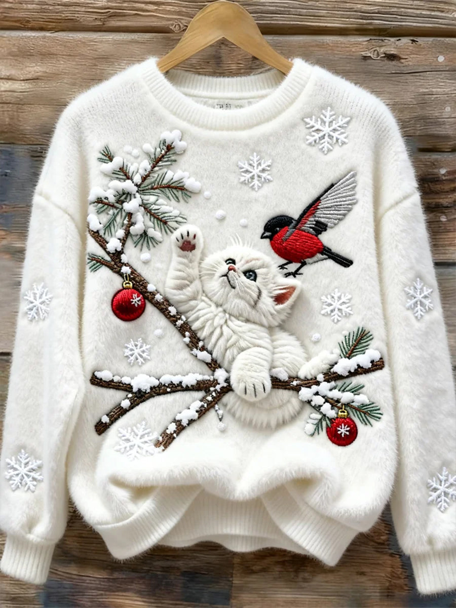 Women's Christmas Sweater with Art Print of a Cute Cat