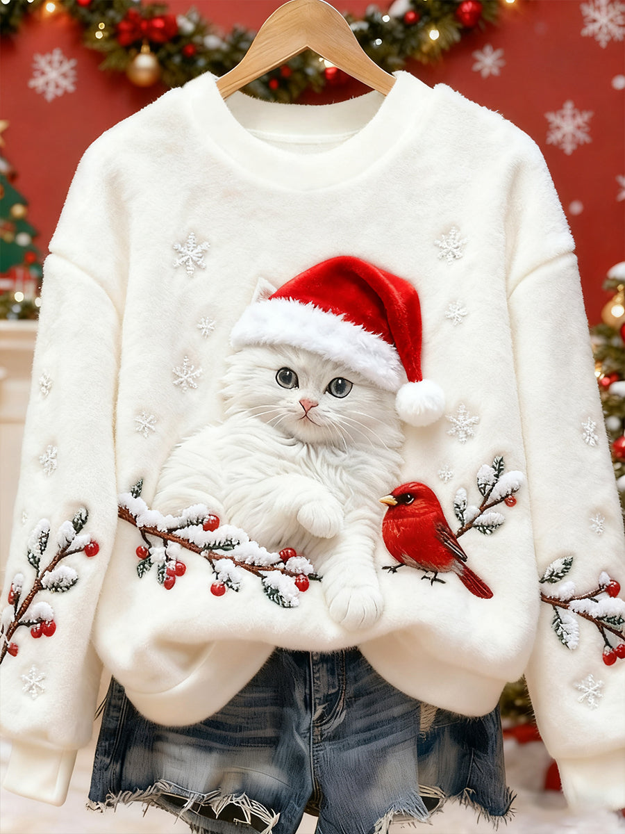 Women's Art Printed Sweatshirt with Cute Christmas Cat Design