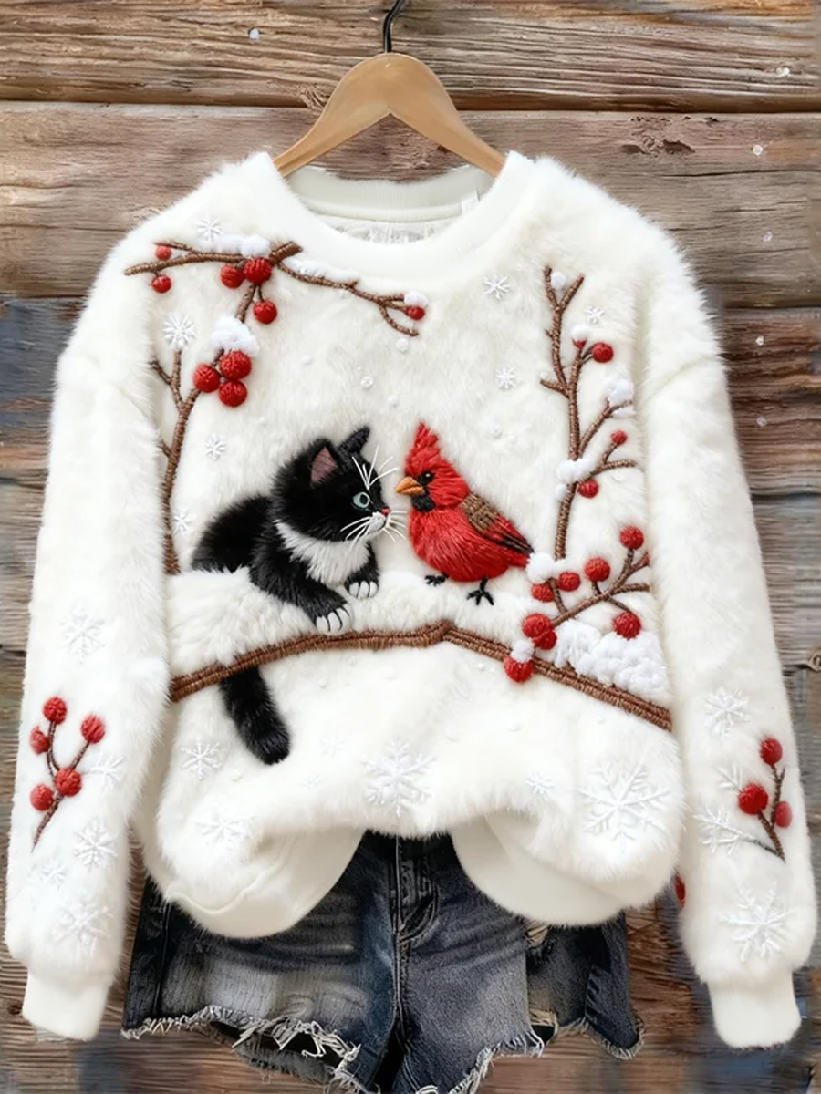 Women's Christmas Sweater with Cat Design in Faux Fleece