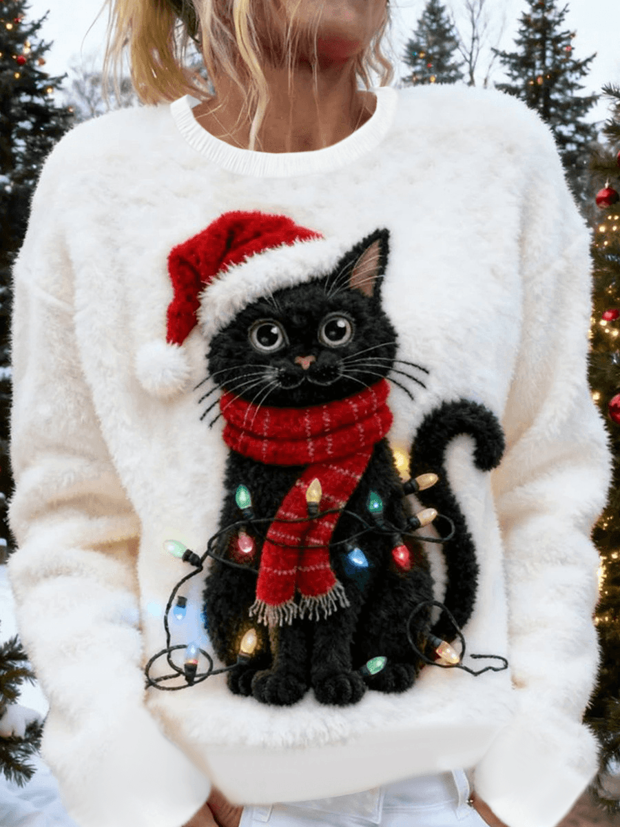 Women's Comfortable Flannel Sweater with Christmas Cat Art Print
