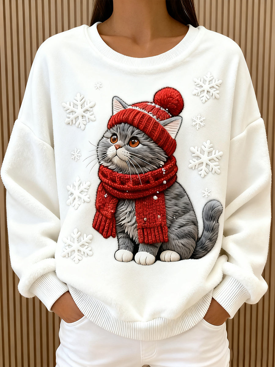 Women's Sweatshirt with Art Print of a Cute Christmas Cat